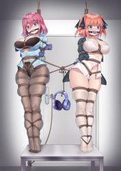Rule 34 | 2girls, absurdres, aiza-ku, arms behind back, ball gag, bdsm, black bra, black legwear, black panties, blouse, blue cardigan, blue eyes, blush, bondage, bound, bra, breast bondage, breasts, breasts out, cardigan, crotch rope, door, full body, gag, gagged, go-toubun no hanayome, hair between eyes, hair ribbon, hanged, headphones, headphones removed, highres, large breasts, medium hair, multiple girls, nakano miku, nakano nino, orange hair, panties, panties under pantyhose, pantyhose, peril, pink hair, ribbon, rope, school uniform, shirt, table, tape, tape bondage, taped hands, tearing up, thick thighs, thighband pantyhose, thighhighs, thighs, tiptoes, two side up, underwear, white bra, white legwear, white panties, white shirt
