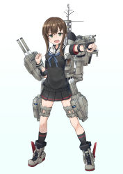 Rule 34 | 1girl, adapted costume, adapted turret, black hair, black skirt, cannon, commentary request, female focus, fubuki (kancolle), green eyes, highres, kantai collection, low ponytail, machinery, mast, minosu, open mouth, original remodel (kantai collection), pleated skirt, ponytail, sailor collar, school uniform, serafuku, ship turret, short ponytail, sidelocks, simple background, skirt, smile, solo, standing, sweater vest, torpedo launcher, white background, white sailor collar