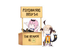 Rule 34 | 2girls, :|, absurdres, ahoge, black eyes, brown hair, cape, cd usr, charles schulz (style), chibi, closed mouth, commentary, english commentary, english text, enigmatic recollection, gigi murin, gigi murin (1st costume), highres, hololive, hololive english, huge ahoge, mori calliope, mori calliope (1st costume), multicolored hair, multiple girls, no sclera, orange shrug, parody, peanuts (comic), simple background, single thighhigh, sitting, striped clothes, striped thighhighs, style parody, tail, thighhighs, tiara, toon (style), two-tone hair, virtual youtuber, wavy mouth, white background, white cape