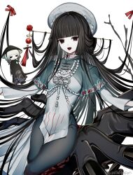 1girl absurdres black_eyes black_hair blunt_bangs character_doll doll dress fate/grand_order fate_(series) giant_hand hair_ornament hairpin hat highres hime_cut komahime_(fate) long_hair long_sleeves looking_at_viewer official_alternate_costume pantyhose sen_no_rikyu_(fate) smile solo umihotasan very_long_hair