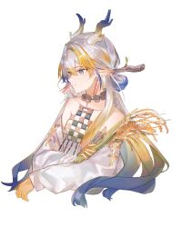 Rule 34 | 1girl, arknights, bare shoulders, blonde hair, blue eyes, blue hair, closed mouth, cnsmsoup, colored extremities, commentary, cropped torso, dragon girl, dragon horns, earrings, english commentary, hair between eyes, highres, holding, holding plant, horns, jacket, jewelry, long hair, long sleeves, looking down, multicolored hair, necklace, off shoulder, plant, pointy ears, profile, shu (arknights), simple background, smile, solo, wheat, white background, white hair, white jacket
