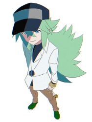 Rule 34 | 1boy, baseball cap, black hat, black undershirt, blue eyes, bracelet, collared shirt, full body, green footwear, green hair, hair between eyes, hat, highres, jewelry, long hair, looking at viewer, male focus, n (pokemon), necklace, nintendo, pokemon, pokemon bw, ponytail, shirt, simple background, smile, solo, standing, white background, white shirt, zero (sleepy meltan)