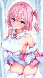 1girl absurdres bare_shoulders blue_eyes braid breasts closed_mouth commentary_request covered_navel cowboy_shot gloves hair_ornament heart heart_hair_ornament highres iwato_(celler) leotard looking_at_viewer medium_breasts one_side_up original pink_hair short_hair showgirl_skirt solo thighhighs white_gloves white_leotard white_thighhighs