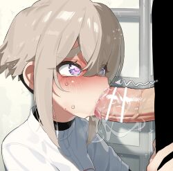 1boy 1girl absurdres arrow_(symbol) bar_censor brown_hair censored commentary_request fellatio heart heart-shaped_pupils highres kimi_no_koto_ga_dai_dai_dai_dai_daisuki_na_100-nin_no_kanojo mizumizuni oral penis purple_eyes shirt solo_focus sutou_iku sweat symbol-shaped_pupils tears upper_body white_shirt