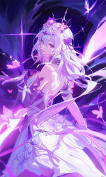 1girl black_tiara breasts bug butterfly castorice_(honkai:_star_rail) commentary dress elbow_gloves flower from_side gloves hair_flower hair_ornament highres honkai:_star_rail honkai_(series) insect long_hair medium_breasts parted_lips pointy_ears punu_26 purple_eyes purple_gloves purple_hair solo tiara white_dress