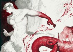 1boy abs abstract_background amonimy artist_name blood blood_on_body blood_on_hands blood_splatter blood_spray claws commentary_request dungeon_meshi feathered_wings feathers fingernails glaring gradient_background grin guro highres horror_(theme) laios_touden male_focus monochrome monster_boy muscular muscular_male navel nude open_mouth pectorals profile red_background red_tail red_theme russian_commentary sharp_fingernails short_hair smile solo spot_color tail teeth white_feathers white_hair white_wings wings