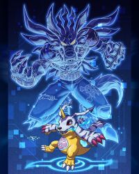 blue_fur body_fur denim digimon digimon_(creature) digimon_adventure evolutionary_line full_body gabumon highres horns lizard red_eyes sharp_teeth single_horn single_shoulder_pad teeth uchiha_jake weregarurumon werewolf