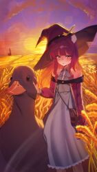 1girl absurdres animal_ears bare_shoulders bird collared_dress dress duck evening grey_dress hat highres kyahagood long_hair long_sleeves open_mouth original outdoors pink_hair sleeveless sleeveless_dress smile solo sunset wheat_field witch_hat yellow_eyes