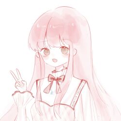 1girl bloom_poetry_(shining_nikki) blush_stickers bow bowtie brown_eyes clothes_writing collared_shirt double-parted_bangs dress eyelashes fanfanjiadeayuanjiang frilled_shirt_collar frilled_sleeves frills high_collar highres long_hair long_sleeves nikki_(nikki) nikki_(series) open_mouth pinafore_dress pink_dress pink_hair plaid_clothes plaid_dress red_bow red_bowtie shining_nikki shirt sidelocks simple_background sleeveless sleeveless_dress sleeves_past_wrists smile snowflake_necklace solo tareme upper_body v very_long_hair white_background white_shirt
