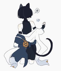 1boy 6seox_gb animal_ears black_bodysuit black_bridal_gauntlets black_hair black_shorts blue_cape blunt_ends bodysuit bridal_gauntlets cape cat_boy cat_ears cat_tail clothes_down cowboy_shot cropped_legs facing_away furisode genshin_impact gold_ring grey_hair grey_sleeves japanese_clothes kimono layered_sleeves male_focus middle_ring multicolored_hair scaramouche_(genshin_impact) short_sleeves shorts solo spoken_squiggle squiggle streaked_hair tail wanderer_(genshin_impact) white_background white_kimono white_sleeves