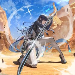 1girl black_hair blue_eyes bodysuit breasts crossover goddess_of_victory:_nikke grey_bodysuit highres holding lens_flare long_hair looking_at_viewer official_art raven_(stellar_blade) silver_bodysuit skin_tight solo stellar_blade swept_bangs third-party_source two-tone_bodysuit