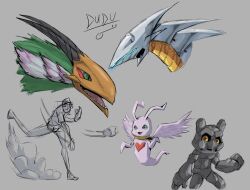 Rule 34 | digimon, digimon (creature), gottsumon, green eyes, heart, highres, holy ring, horns, marinangemon, ragnamon, valdurmon, wings