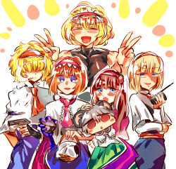 6+girls alice_margatroid animal_ears basket black_shirt blonde_hair blue_dress blue_eyes blush brown_hair capelet closed_eyes closed_mouth commentary_request cookie_(touhou) cowboy_shot doi double_v dress food-themed_hair_ornament frilled_hairband frills gun hair_ornament hairband handgun highres hinase_(cookie) holding holding_basket holding_gun holding_rock holding_walkie-talkie holding_weapon ichigo_(cookie) jigen_(cookie) long_hair long_sleeves looking_at_viewer mouse_ears multiple_girls nazrin necktie nyon_(cookie) open_mouth orange_hair pink_capelet pink_hairband pink_necktie red_eyes red_hairband red_sash rock sakuranbou_(cookie) sash shirt short_hair simple_background smile strawberry_hair_ornament taisa_(cookie) touhou v walkie-talkie weapon white_background white_capelet white_shirt