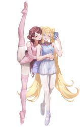 Rule 34 | 2girls, absurdres, asha (bangsom), athletic leotard, ballerina, ballet, balletcore, bangsom, bare shoulders, blonde hair, blue eyes, blue leotard, blush, breasts, bridal sleeves, brown eyes, brown hair, cellphone, detached sleeves, grey eyes, hair bun, highres, holding, holding phone, hug, leg up, leg warmers, leotard, leotard peek, long hair, looking at viewer, mole, mole under eye, multiple girls, nora (bangsom), one eye closed, open mouth, original, pantyhose, phone, pink leotard, pink thighhighs, ribbon, selfie, simple background, smartphone, smile, split, standing, standing on one leg, standing split, teeth, thighhighs, twintails, upskirt, very long hair, white background, white pantyhose, wrap skirt