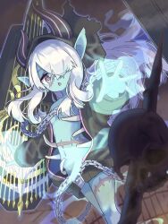 1girl black_jacket blue_skin breasts chain chestnut_mouth colored_skin convenient_censoring etrian_odyssey glowing hair_over_one_eye highres hood hood_up hooded_jacket horned_hood horns jacket long_hair magic naked_jacket navel necromancer_(sekaiju) necromancer_2_(sekaiju) open_mouth palms petite pointy_ears purple_eyes scar scar_on_face scar_on_leg scar_on_stomach sekaiju_no_meikyuu sekaiju_no_meikyuu_5 skull small_breasts solo spikes tamakake_(tamakake58n)