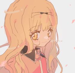 Rule 34 | 1girl, blonde hair, blush, cherry blossoms, facing to the side, grey background, highres, jacket, long sleeves, looking at viewer, mashiro rima, mutsuki (fujisakike), red jacket, hair ribbon, school uniform, seiyo academy school uniform, shugo chara!, solo, twitter username, yellow eyes
