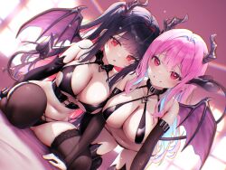 2girls :d all_fours bare_shoulders belt_collar bikini black_bikini black_gloves black_thighhighs blue_hair blunt_bangs blush breasts bright_pupils classic_(zildjian33) cleavage collar colored_inner_hair criss-cross_halter curvy demon_girl demon_horns demon_tail demon_wings dutch_angle elbow_gloves foot_out_of_frame full_body furrowed_brow gloves grin hair_intakes halterneck heart highres horns indoors large_breasts lingerie long_hair looking_at_viewer multicolored_hair multiple_girls naughty_face navel open_mouth original pink_hair red_eyes red_hair sidelocks sitting smile swimsuit tail tail_raised thighhighs thighs two-tone_hair two_side_up underwear very_long_hair wariza wings