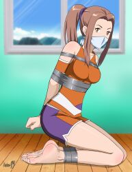 absurdres arms_behind_back bdsm bondage bound bound_ankles bound_arms bound_wrists breasts brown_eyes brown_hair cloth_gag digimon digimon_adventure_tri. gag gagged highres improvised_gag legs looking_at_viewer medium_breasts over_the_nose_gag shadow_xcp tachikawa_mimi thighs