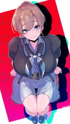 1girl absurdres belt black_shirt blue_eyes blush breasts brown_hair chair grey_neckerchief hair_between_eyes high_side_ponytail highres intrepid_(kancolle) kantai_collection large_breasts looking_at_viewer neckerchief ponytail shirt short_hair short_sleeves sitting skirt smile solo white_background white_neckerchief yoko_hata