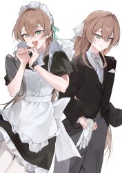 1boy absurdres alternate_costume black_shoes butler closed_mouth cowboy_shot crossdressing dual_persona gloves heart heart_hands highres long_hair maid maid_headdress male_focus male_maid multiple_boys necktie original shoes smile solo standing trap tray unworn_gloves white_gloves zurui_ninjin