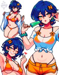 1girl artist_name aseprite_(medium) belle_(zenless_zone_zero) bikini blue_hair breasts cleavage closed_mouth collarbone crossed_bangs green_eyes grin hair_between_eyes hair_ornament heart highres letter_hair_ornament looking_at_viewer medium_breasts multiple_views narrow_waist navel one_eye_closed open_mouth orange_bikini paid_reward_available pixel_art short_hair simple_background smile swimsuit white_background yumykon zenless_zone_zero