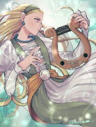 1girl aqua_background bead_necklace beads blonde_hair commentary_request cross-laced_clothes cross-laced_dress dragon_quest dragon_quest_xi dress earrings flat_chest floating_clothes floating_hair green_dress green_hairband hair_pulled_back hairband harp holding holding_instrument instrument jewelry juliet_sleeves long_hair long_sleeves looking_to_the_side merami multicolored_dress necklace orange_sash parted_lips profile puffy_sleeves purple_eyes senya_(dq11) solo sphere_earrings twitter_username white_dress