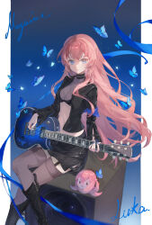 1girl absurdres armband belt_collar black_boots black_bra black_jacket black_skirt blue_armband blue_butterfly blue_eyes blue_nails blue_ribbon boots bra breasts bug butterfly character_name choker cleavage collar commentary crossed_legs electric_guitar english_commentary feet_out_of_frame garter_straps gibson_les_paul gradient_background grey_thighhighs guitar hair_between_eyes highres holding holding_guitar holding_instrument insect instrument jacket knee_boots long_hair long_sidelocks long_sleeves looking_at_viewer megurine_luka megurine_luka_(hard_rock) midriff miniskirt nakura_kanra navel open_clothes open_jacket pillarboxed pink_hair project_diva_(series) ribbon side_slit sidelocks sitting sitting_on_object skirt small_breasts solo takoluka thighhighs three_quarter_view underwear very_long_hair very_long_sidelocks vocaloid