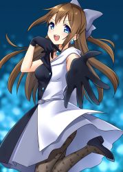 Rule 34 | 1girl, aqua eyes, artist name, artist request, back bow, bare shoulders, belt, black dress, black footwear, black gloves, black pantyhose, black skirt, blue eyes, blue sky, blush, bow, breasts, brown hair, brown pantyhose, buttons, choker, cloud, collarbone, day, dress, earrings, female focus, floating earrings, gloves, grey bow, grey skirt, hair between eyes, hair bow, high heels, high ponytail, highres, jewelry, lace, lace gloves, long hair, looking at viewer, love live!, love live! nijigasaki high school idol club, love live! school idol festival, medium breasts, necklace, night, night sky, oekaki tako, off-shoulder dress, off shoulder, osaka shizuku, outdoors, pantyhose, parted lips, ponytail, reaching, reaching towards viewer, sidelocks, skirt, sky, sleeveless, sleeveless dress, smile, solitude rain (love live!), solo, standing, standing on one leg, teeth, two-tone dress, v-shaped eyebrows, white bow, white dress, white skirt