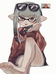 1girl barefoot black-framed_eyewear blue_hair blush commentary_request eyewear_on_head inkling inkling_girl inkling_player_character kodak_painter long_hair looking_at_viewer nintendo pointy_ears print_sweater raised_eyebrow red_eyes red_sweater simple_background sitting soles solo splatoon_(series) splatoon_3 sunglasses sweater tentacle_hair tongue tongue_out white_background