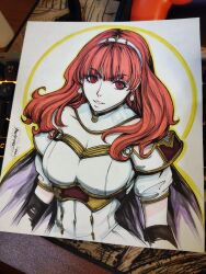 1girl armor black_gloves breastplate cape celica_(fire_emblem) choker dress earrings fire_emblem fire_emblem_echoes:_shadows_of_valentia gloves highres jewelry long_hair looking_at_viewer nintendo piedpiper princess red_eyes red_hair tiara white_armor white_dress