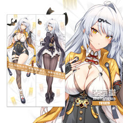1girl ahoge asymmetrical_gloves back-seamed_legwear bakugadou bird black_bird black_gloves black_pantyhose black_unitard breasts dakimakura_(medium) elbow_gloves fingerless_gloves gloves hair_ornament high-waist_shorts high_heels highres holding_ofuda jacket large_breasts long_hair lying official_alternate_costume on_back on_stomach pantyhose seamed_legwear shorts single_elbow_glove single_hair_intake single_thighhigh skirt thighhighs uneven_gloves white_hair white_skirt yellow_eyes yellow_jacket yin_yang_pin yixuan_(trails_of_ink)_(zenless_zone_zero) yixuan_(zenless_zone_zero) zenless_zone_zero