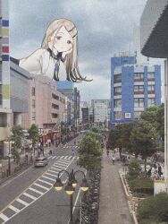 Rule 34 | 1girl, be be be be (cevio), blonde hair, chiba prefecture, city, closed mouth, colored eyelashes, commentary request, day, expressionless, gakuen idolmaster, giant, giantess, hands on own face, head rest, highres, idolmaster, long hair, long sleeves, orange eyes, outdoors, photo background, school uniform, shinosawa hiro, shirt, sks (s3 rosquilla), solo focus, white shirt