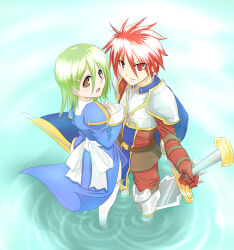 Rule 34 | 1boy, 1girl, alternate color, armor, armored boots, back bow, belt, blue background, blue cape, blue dress, blue tabard, blush, boots, bow, breastplate, brown belt, brown eyes, cape, closed mouth, commentary request, dress, elbow gloves, full body, gloves, green hair, hair between eyes, hair ornament, hairclip, high priest (ragnarok online), holding, holding sword, holding weapon, juliet sleeves, long bangs, long sleeves, looking at viewer, lord knight (ragnarok online), open mouth, pants, pauldrons, puffy sleeves, rafoll, ragnarok online, red eyes, red gloves, red hair, red pants, red shirt, reverse grip, ripples, sash, shirt, short hair, shoulder armor, smile, spiked gauntlets, spiked hair, standing, sword, tabard, thighhighs, v-shaped eyebrows, wading, water, weapon, white bow, white sash, white thighhighs