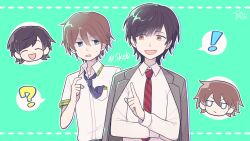 Rule 34 | !, 2boys, ?, blue eyes, brown eyes, brown hair, closed mouth, collared shirt, commission, frown, grey jacket, hair between eyes, jacket, jacket on shoulders, multiple boys, necktie, necktie in pocket, open mouth, original, purple necktie, red necktie, shirt, speech bubble, spoken exclamation mark, spoken question mark, sweatdrop, tsunoji, upper body, white shirt