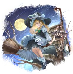 1girl absurdres apron black_hat black_shoes black_skirt black_vest blonde_hair bobby_socks bow braid broom broom_riding buttons dedemaru frilled_apron frilled_hat frilled_skirt frills full_body full_moon green_bow hair_between_eyes hat hat_bow highres kirisame_marisa lamp long_sleeves looking_at_viewer medium_hair moon night night_sky open_mouth outdoors parted_lips puffy_sleeves shirt shoes side_braid single_braid skirt skirt_set sky sleeve_garter socks solo touhou tree vest waist_apron white_apron white_bow white_shirt white_socks witch_hat yellow_eyes