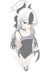 1girl bare_shoulders black_choker black_dress black_hair black_halo black_horns black_wings blue_archive blush breasts bright_pupils brown_cardigan cardigan choker cleavage closed_mouth commentary covered_navel demon_girl demon_horns demon_wings dress ear_piercing foreshortening from_above full_body gradient_hair grey_hair grey_halo hair_between_eyes halo high_heels highres horns kayoko_(blue_archive) kayoko_(dress)_(blue_archive) long_hair looking_at_viewer low_wings mole mole_on_neck multicolored_hair off_shoulder official_alternate_costume official_alternate_hairstyle piercing purple_wings red_eyes simple_background single_wing small_breasts solo standing streaked_hair studded_choker t1kosewad thighs two-tone_hair two-tone_wings white_background white_hair white_pupils wings