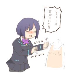 1girl ? afterimage animal black_jacket black_skirt blazer blush_stickers bow cat chibi closed_eyes collared_shirt cropped_legs grey_pantyhose jacket long_sleeves nijisanji open_mouth pantyhose pleated_skirt purple_bow purple_hair rebecca_(keinelove) rectangular_mouth school_uniform shirt shizuka_rin shizuka_rin_(1st_costume) simple_background skirt solo tears translation_request virtual_youtuber white_background white_cat white_shirt