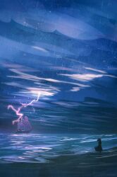 1girl artist_name beach blue_theme caustics cloud dark dark_cloud landscape lightning ocean original outdoors pirate_ship rain reflection reflective_water scenery shore signature solo storm surf walking zandra