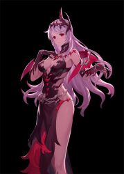 1girl absurdres artist_request black_dress black_gloves breasts commentary commentary_request dark_persona demon_wings dress elbow_gloves english_commentary fallen_frey_(king&#039;s_raid) frey_(king&#039;s_raid) gloves grey_hair hand_on_own_chest highres king&#039;s_raid korean_commentary long_hair medium_breasts mini_wings mixed-language_commentary multicolored_dress official_art red_dress red_eyes red_wings second-party_source solo very_long_hair wings