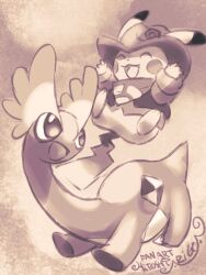 Rule 34 | :3, :d, amaura, ariga hitoshi, arms up, bandana, bandana around neck, clothed pokemon, commentary request, cowboy hat, dot nose, full body, gen 1 pokemon, gen 6 pokemon, hat, highres, nintendo, no humans, open mouth, pikachu, pokemon, pokemon (creature), pokemon focus, signature, smile