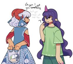 2girls ? blue_dress blue_hair clothing_cutout curly_hair deodorant dress english_text eye_print food green_shirt highres horn_ornament horn_ribbon horns long_hair multiple_girls patterned_clothing pointing pointing_at_self pointy_ears purple_hair red_horns red_sleeves ribbon shampoo_bottle shirt short_hair shoulder_cutout smile soup t-shirt tenkajin_chiyari touhou toutetsu_yuuma very_long_hair