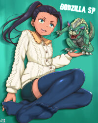 1girl bones_(company) chibi claws dark-skinned_female dark_skin earrings godzilla_(series) godzilla_singular_point green_background green_eyes horns jewelry kaiju lina_byrne looking_at_viewer monster no_pupils orange_(company) ponytail purple_hair salunga samenoido sharp_teeth simple_background single_horn sweater tail teeth thighhighs toho tongue white_eyes