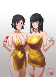 2girls absurdres black_hair blue_eyes blush breasts covered_navel cup dress earrings frown gold_dress grin highres holding holding_cup holding_phone hong_doo jewelry kill_la_kill kiryuuin_satsuki large_breasts long_hair matoi_ryuuko multicolored_hair multiple_girls phone red_hair short_dress short_hair side_slit sideboob smile strap_slip streaked_hair