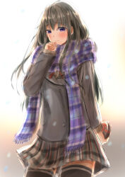 1girl arm_behind_back ayachanman black_coat black_thighhighs blue_eyes blush box closed_mouth coat commentary_request cowboy_shot gift gift_box hand_up heart-shaped_box highres holding holding_box holding_gift long_hair long_sleeves looking_at_viewer miniskirt plaid_clothes plaid_scarf plaid_skirt pleated_skirt scarf skirt snowing solo thighhighs valentine winter_clothes winter_coat yahari_ore_no_seishun_lovecome_wa_machigatteiru. yukinoshita_yukino zettai_ryouiki