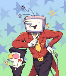 !? 2boys ant_tenna arm_on_another&#039;s_head artist_name belt black_belt black_hair black_pants black_shirt collared_shirt colored_skin commentary crt deltarune electric_plug electric_plug_tail english_commentary gabehedge hand_on_own_hip height_difference heterochromatic_eyewear highres male_focus multiple_boys notice_lines object_head pants pointy_nose shirt smile spamton_g._spamton star_(symbol) tail tailcoat teeth tinted_eyewear white_shirt white_skin