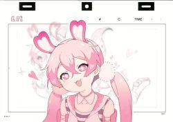 1girl :3 animal_ears animated artist_name bare_shoulders blinking collarbone crossed_bangs detached_collar detached_sleeves english_text fake_animal_ears female_focus hair_between_eyes hair_ornament hairband hairdressing happy head_tilt heart linmiu_(smilemiku) long_hair looping_animation matching_hair/eyes multiple_views open_mouth original outline pink_eyes pink_hair pink_hairband pink_vest rabbit_ears shirt sidelocks signature sleeveless sleeveless_shirt smile striped_clothes striped_shirt twintails upper_body vest video white_outline