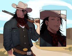 1boy adjusting_clothes adjusting_headwear alternate_costume arm_up bandana bandana_around_neck belt belt_buckle black_eyes black_hair black_vest blue_jacket breast_pocket buckle bullet buttons closed_mouth commentary cowboy_hat cowboy_shot cowboy_western denim denim_jacket earrings english_commentary getou_suguru gun hat highres holding holding_gun holding_weapon jacket jewelry jujutsu_kaisen lapels long_hair looking_at_viewer looking_to_the_side male_focus multiple_views open_clothes open_jacket outdoors piercing pocket red_bandana smile takk1mi vest weapon white_hat