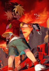 1boy amanogawa_ryuusei artist_name belt belt_pouch black_hair blonde_hair blood blood_on_ground blue_shorts brown_belt child commentary dated dutch_angle evil_smile full_body glowing glowing_eyes hercules_beetle highres holding holding_toy jacket jinzou_konchuu_kabutoborg_vxv kuroda_(kuro_yyy) looking_at_viewer looking_back male_focus open_clothes open_jacket orange_eyes outdoors parted_lips pouch red_jacket red_shoes red_sky rubble ruins shirt shoes short_hair shorts signature sky smile sneakers solo standing tomcat_red_beetle_(kabutoborg) toy toy_car white_shirt wristband