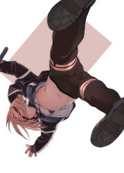 1girl bike_shorts blonde_hair bra brown_eyes fate/grand_order fate_(series) fu-ta glasses highres mysterious_heroine_x_alter_(second_ascension)_(fate) shoe_soles simple_background solo thighhighs underwear upshirt
