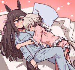 2girls admire_vega_(umamusume) animal_ears blue_pants blue_shirt blush brown_hair closed_eyes closed_mouth commentary_request cuddling curren_chan_(umamusume) grey_hair highres horse_ears horse_girl horse_tail jin_(jinkwon1147) korean_commentary long_hair long_sleeves multiple_girls on_bed pajamas pants pillow pink_eyes pink_shirt pink_shorts shirt shorts smile tail umamusume yuri